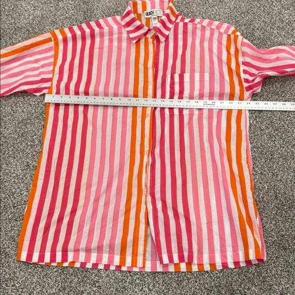 Beach Riot Pink Orange Striped Beach Resortwear Button Down Cover Up Shirt Sz PL - Picture 11 of 11